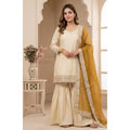 Silk Embroidered 3/4th Sleeve V-Neck Kurti With Sharara Pant and Dupatta Set (Cream &amp; Yellow)
