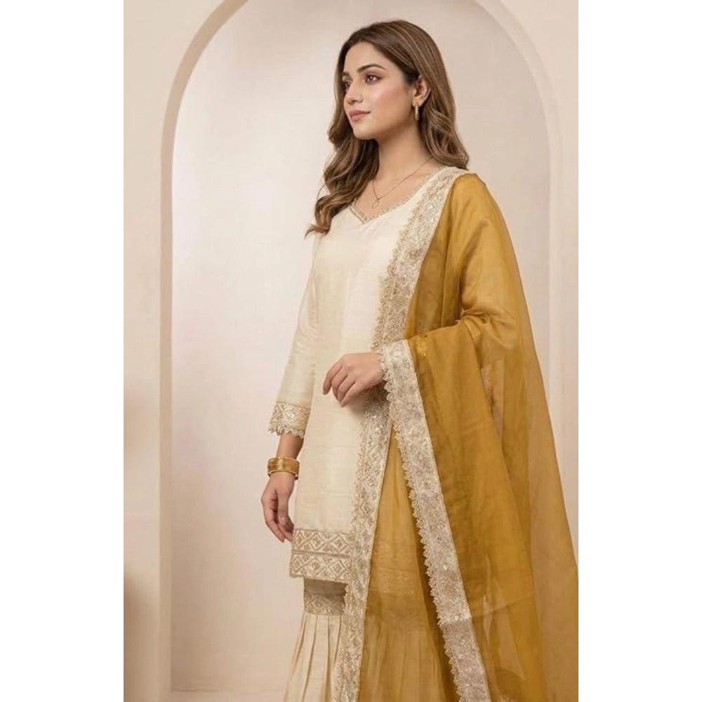 Silk Embroidered 3/4th Sleeve V-Neck Kurti With Sharara Pant and Dupatta Set (Cream &amp; Yellow)