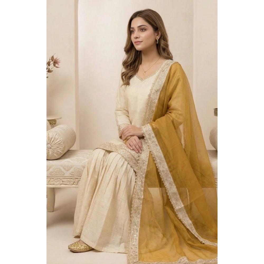 Silk Embroidered 3/4th Sleeve V-Neck Kurti With Sharara Pant and Dupatta Set (Cream &amp; Yellow)