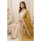 Silk Embroidered 3/4th Sleeve V-Neck Kurti With Sharara Pant and Dupatta Set (Cream &amp; Yellow)