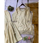 Silk Embroidered 3/4th Sleeve V-Neck Kurti With Sharara Pant and Dupatta Set (Cream &amp; Yellow)