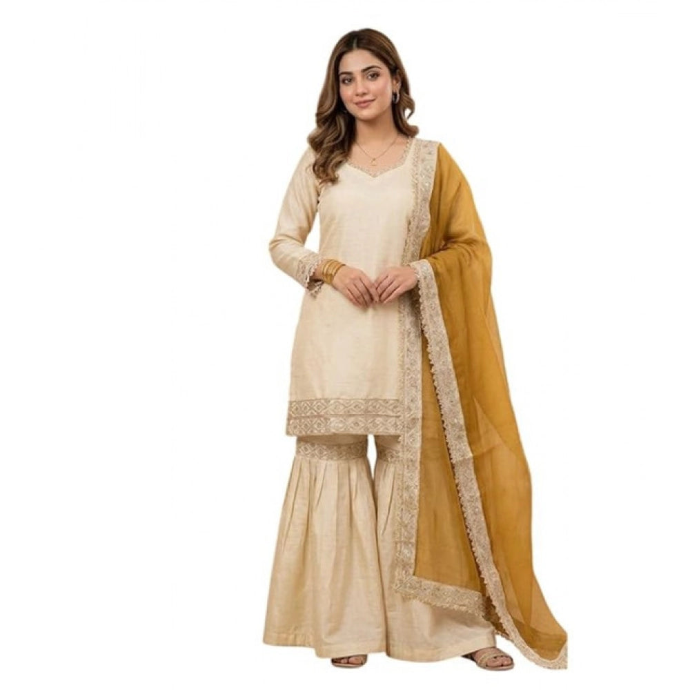 Silk Embroidered 3/4th Sleeve V-Neck Kurti With Sharara Pant and Dupatta Set (Cream &amp; Yellow)