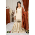 Silk Embroidered 3/4th Sleeve V-Neck Kurti With Sharara Pant and Dupatta Set (Cream &amp; Orange)