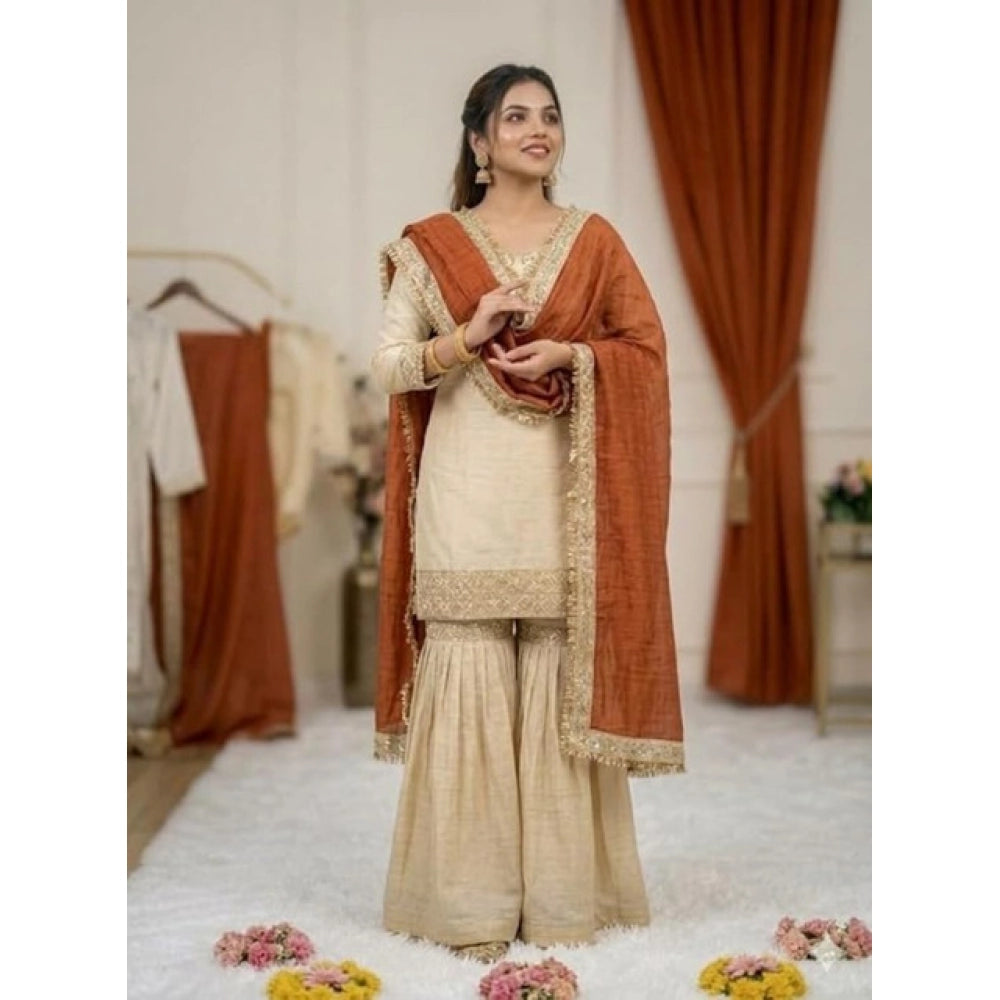 Silk Embroidered 3/4th Sleeve V-Neck Kurti With Sharara Pant and Dupatta Set (Cream &amp; Orange)