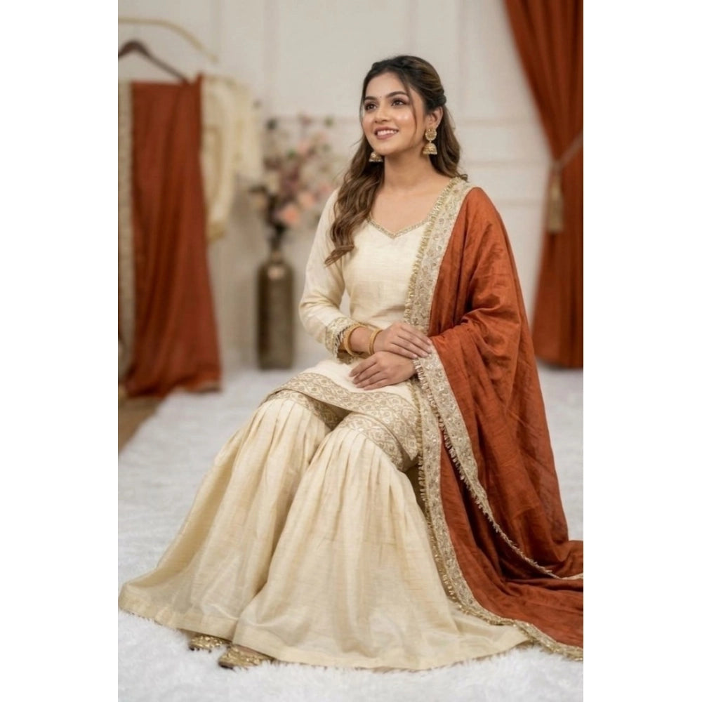 Silk Embroidered 3/4th Sleeve V-Neck Kurti With Sharara Pant and Dupatta Set (Cream &amp; Orange)