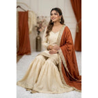 Silk Embroidered 3/4th Sleeve V-Neck Kurti With Sharara Pant and Dupatta Set (Cream &amp; Orange)