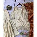 Silk Embroidered 3/4th Sleeve V-Neck Kurti With Sharara Pant and Dupatta Set (Cream &amp; Orange)