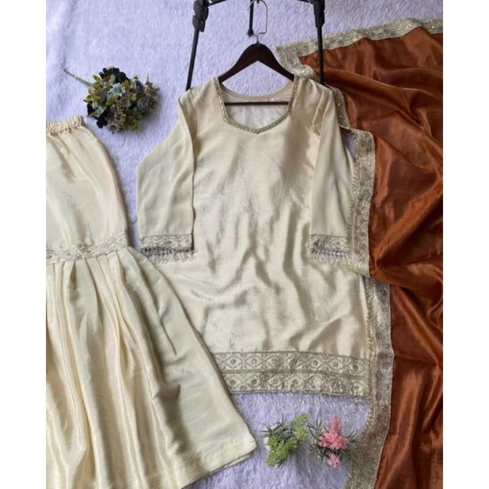 Silk Embroidered 3/4th Sleeve V-Neck Kurti With Sharara Pant and Dupatta Set (Cream &amp; Orange)
