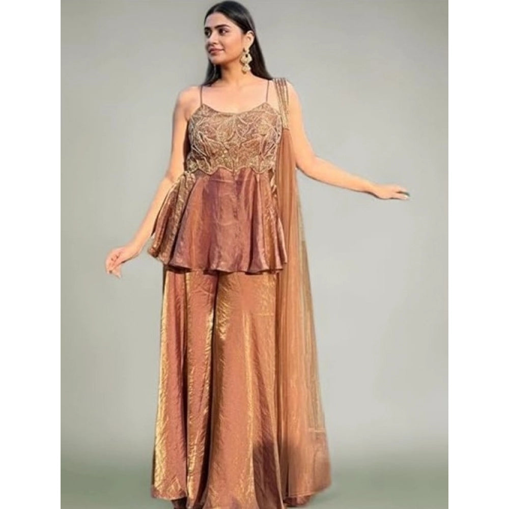 Silk Embroidered Sleeveless Round Kurti With Palazzo Pant and Dupatta Set (Brown)