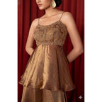 Silk Embroidered Sleeveless Round Kurti With Palazzo Pant and Dupatta Set (Brown)