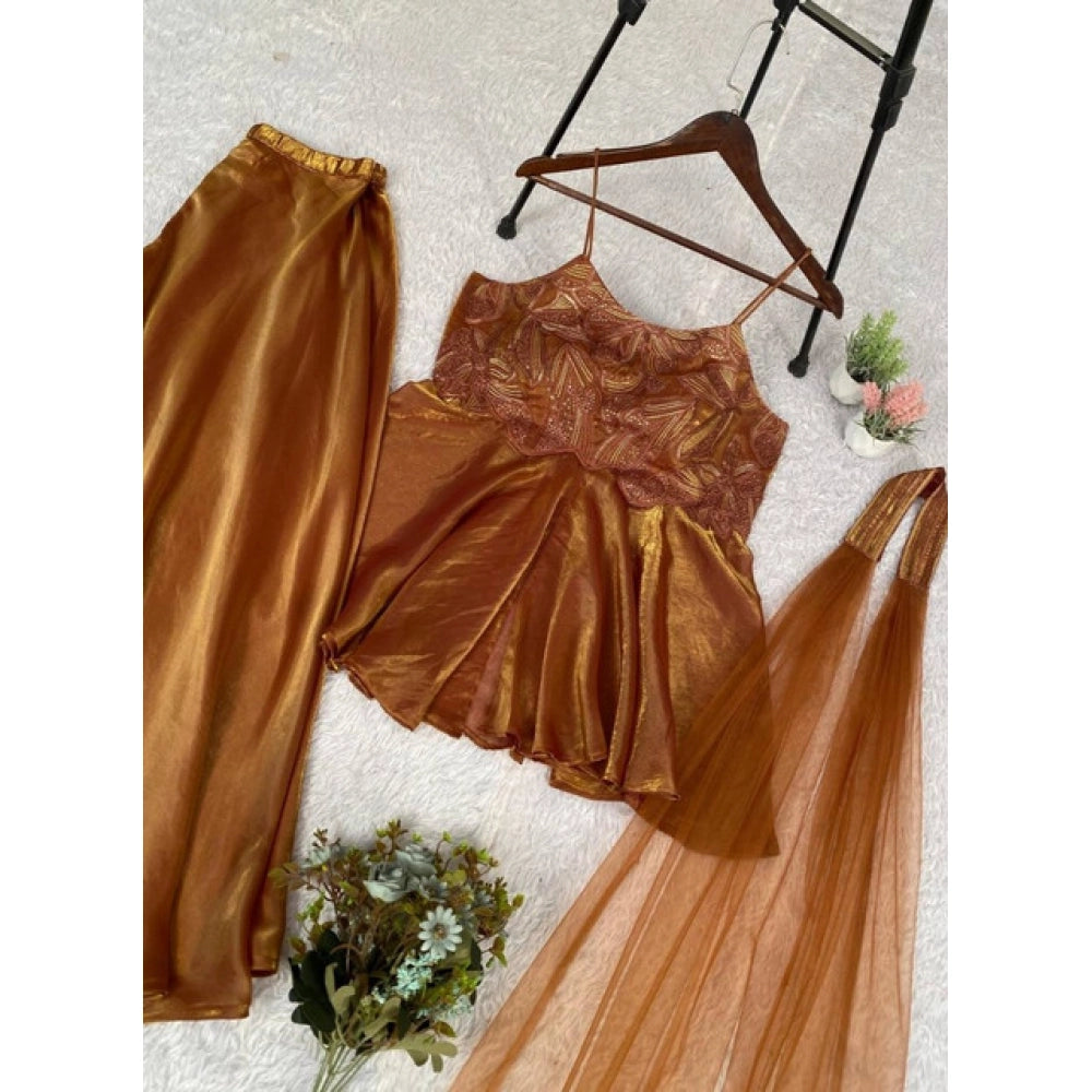 Silk Embroidered Sleeveless Round Kurti With Palazzo Pant and Dupatta Set (Brown)