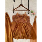 Silk Embroidered Sleeveless Round Kurti With Palazzo Pant and Dupatta Set (Brown)