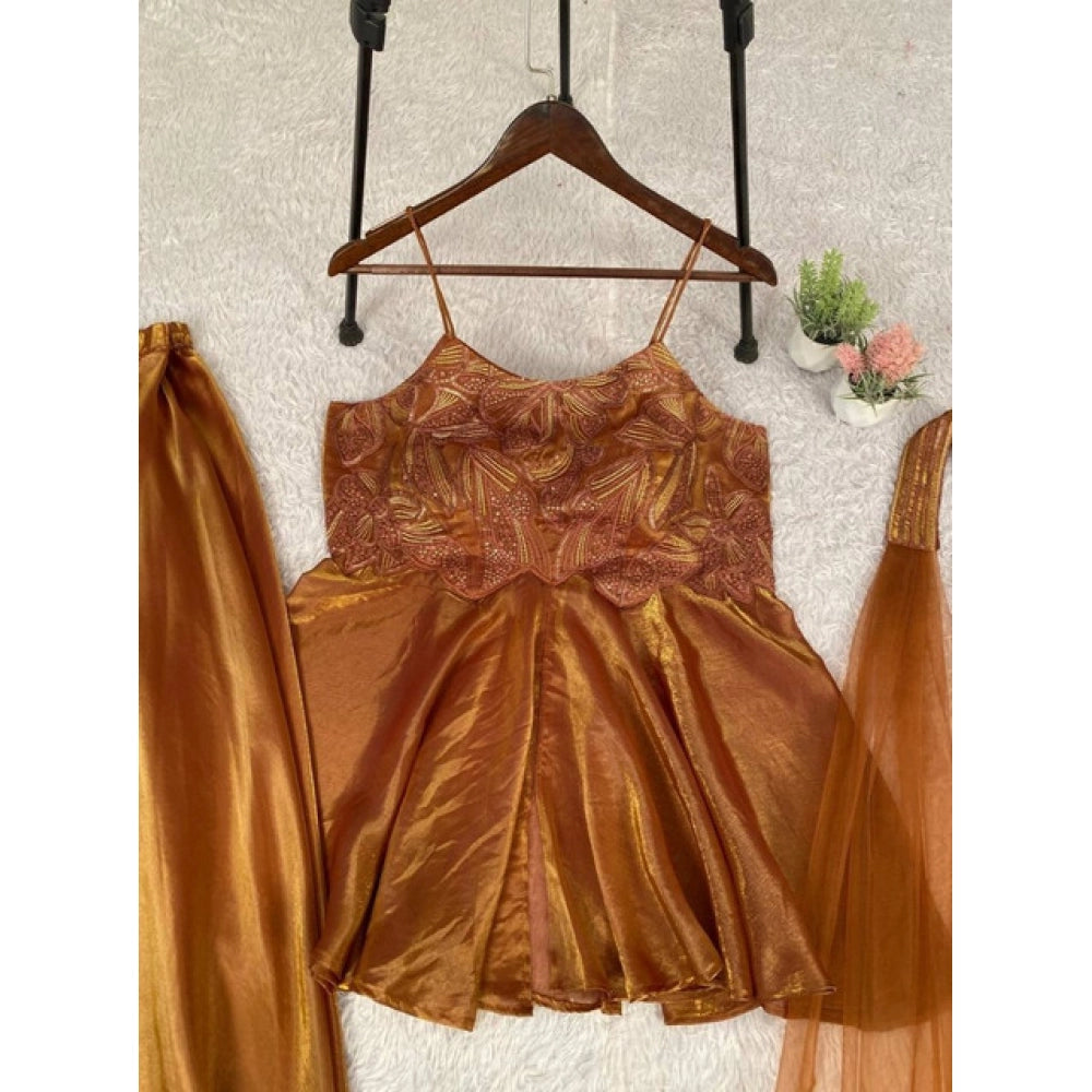 Silk Embroidered Sleeveless Round Kurti With Palazzo Pant and Dupatta Set (Brown)