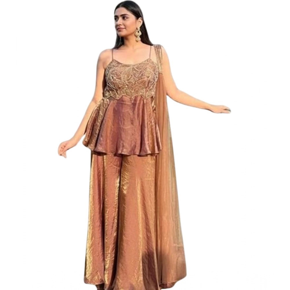 Silk Embroidered Sleeveless Round Kurti With Palazzo Pant and Dupatta Set (Brown)