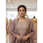 Silk Embroidered 3/4th Sleeve Round Kurti With Sharara Pant and Dupatta Set (Purple)