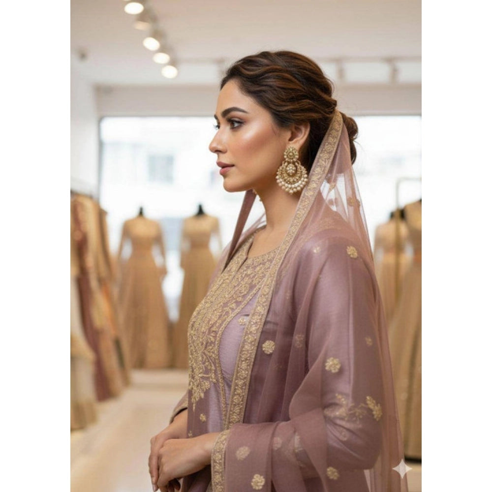 Silk Embroidered 3/4th Sleeve Round Kurti With Sharara Pant and Dupatta Set (Purple)