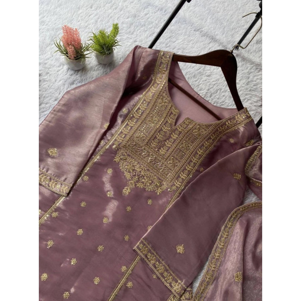 Silk Embroidered 3/4th Sleeve Round Kurti With Sharara Pant and Dupatta Set (Purple)