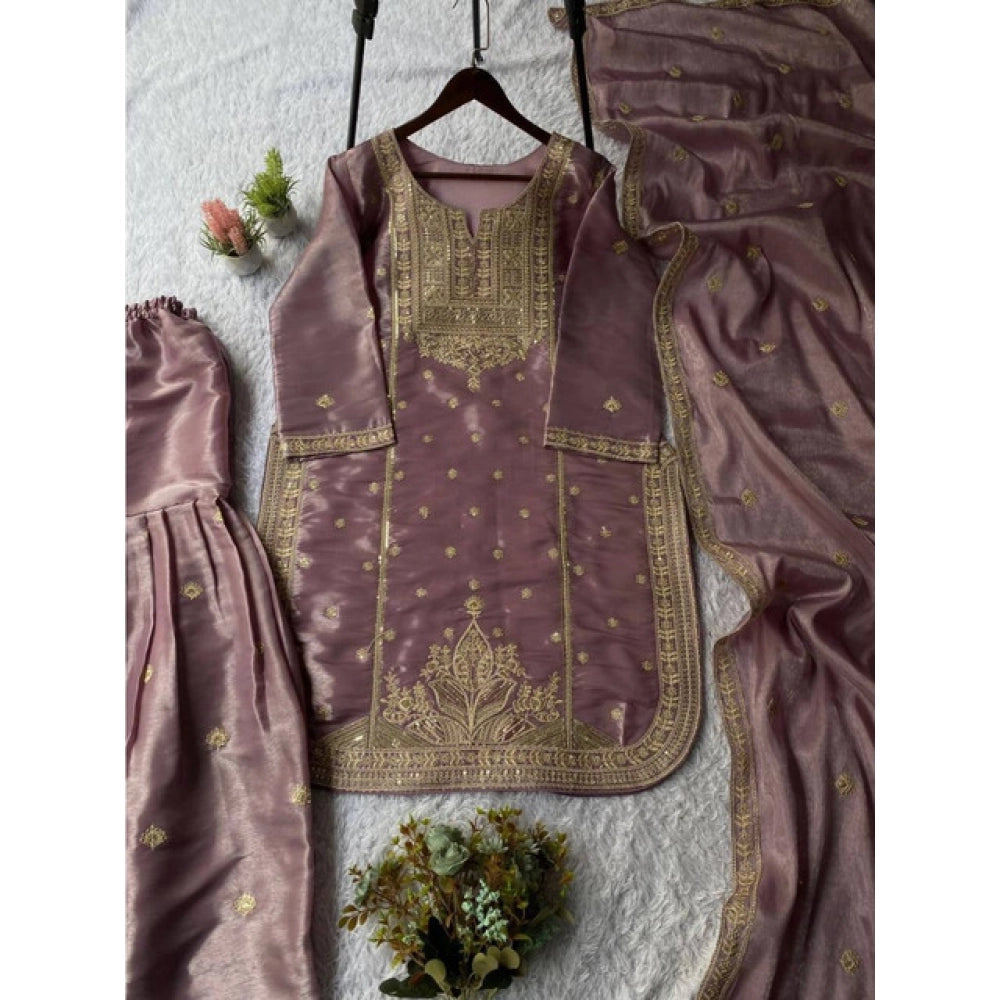 Silk Embroidered 3/4th Sleeve Round Kurti With Sharara Pant and Dupatta Set (Purple)