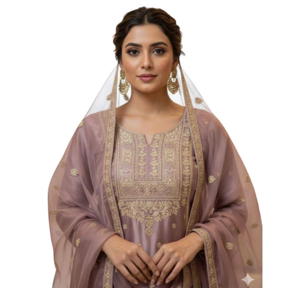 Silk Embroidered 3/4th Sleeve Round Kurti With Sharara Pant and Dupatta Set (Purple)