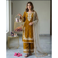 Silk Embroidered 3/4th Sleeve Round Kurti With Palazzo Pant and Dupatta Set (Gold)