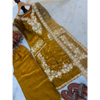 Silk Embroidered 3/4th Sleeve Round Kurti With Palazzo Pant and Dupatta Set (Gold)