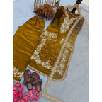 Silk Embroidered 3/4th Sleeve Round Kurti With Palazzo Pant and Dupatta Set (Gold)