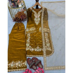 Silk Embroidered 3/4th Sleeve Round Kurti With Palazzo Pant and Dupatta Set (Gold)