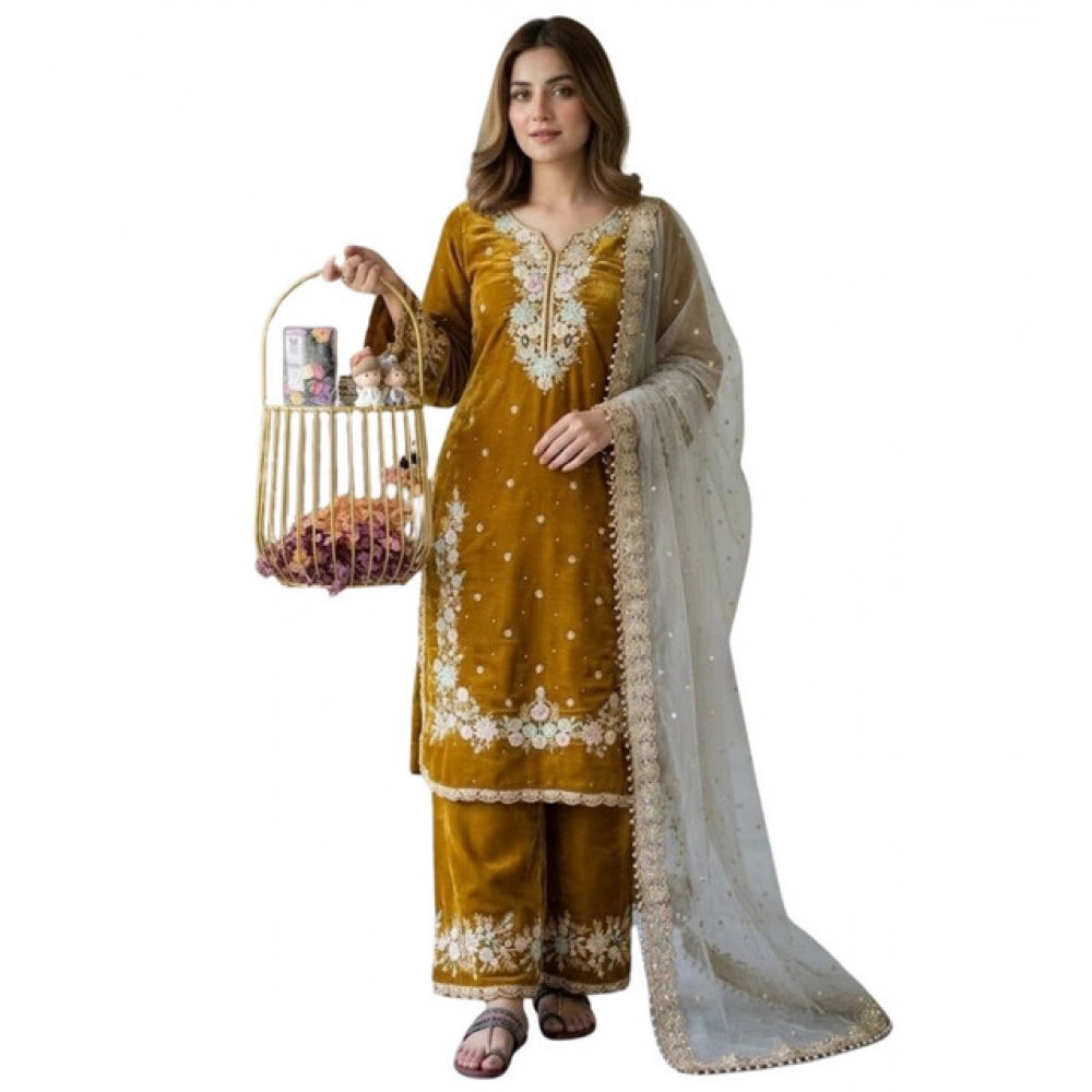 Silk Embroidered 3/4th Sleeve Round Kurti With Palazzo Pant and Dupatta Set (Gold)