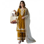 Silk Embroidered 3/4th Sleeve Round Kurti With Palazzo Pant and Dupatta Set (Gold)