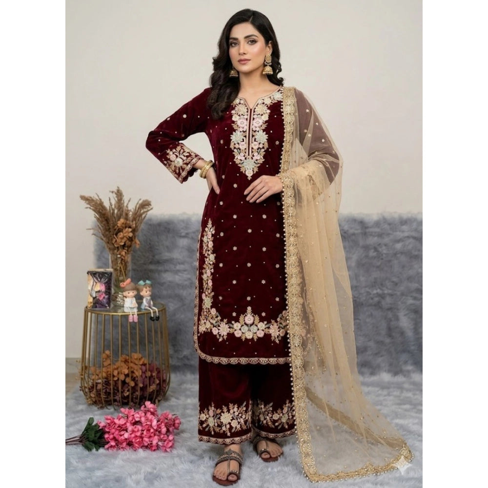 Silk Embroidered 3/4th Sleeve Round Kurti With Palazzo Pant and Dupatta Set (Maroon)