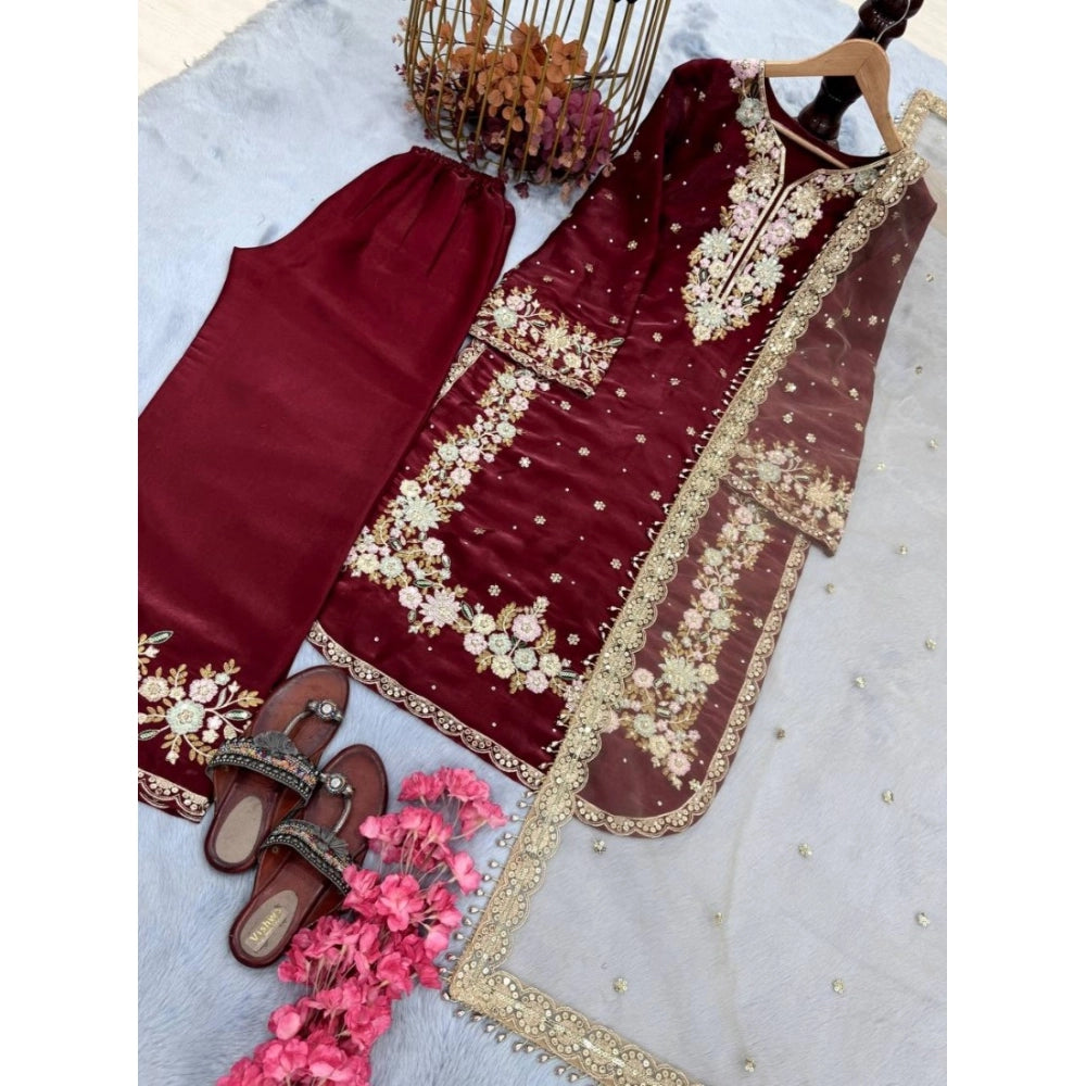 Silk Embroidered 3/4th Sleeve Round Kurti With Palazzo Pant and Dupatta Set (Maroon)