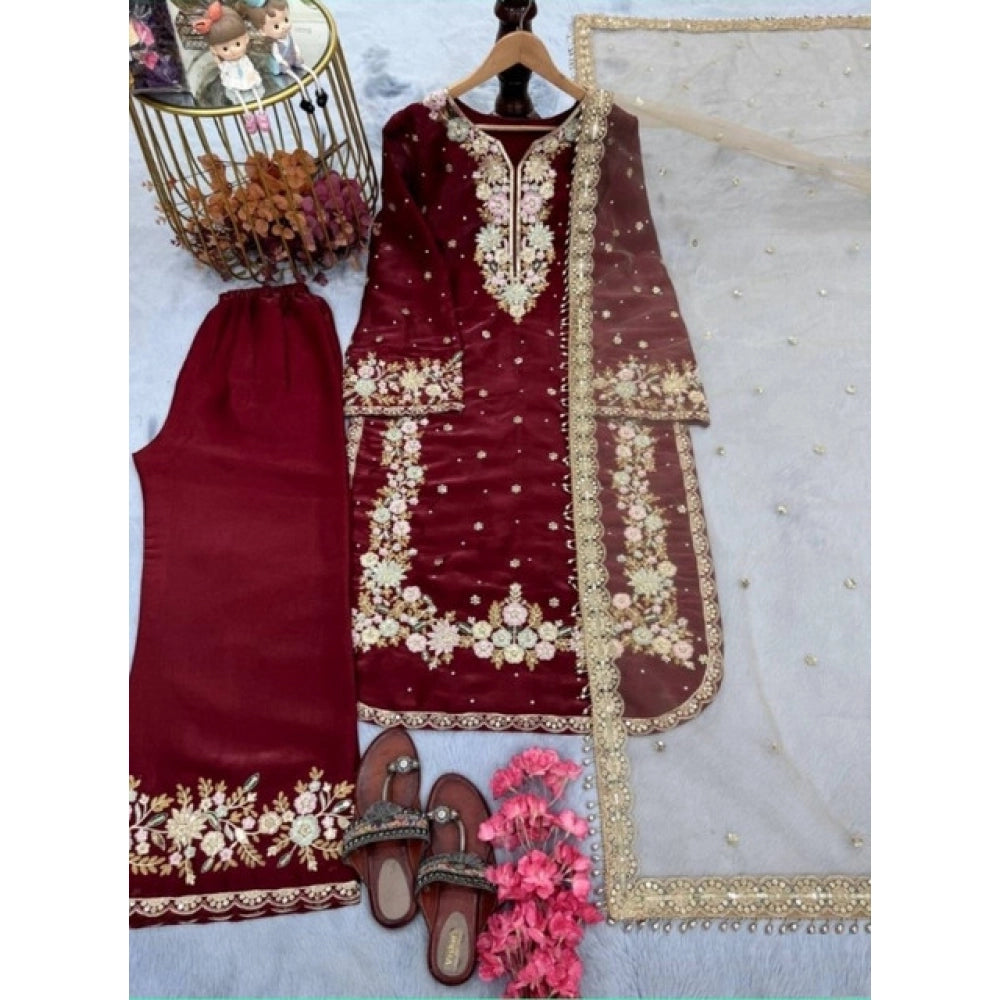 Silk Embroidered 3/4th Sleeve Round Kurti With Palazzo Pant and Dupatta Set (Maroon)