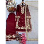 Silk Embroidered 3/4th Sleeve Round Kurti With Palazzo Pant and Dupatta Set (Maroon)