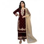 Silk Embroidered 3/4th Sleeve Round Kurti With Palazzo Pant and Dupatta Set (Maroon)