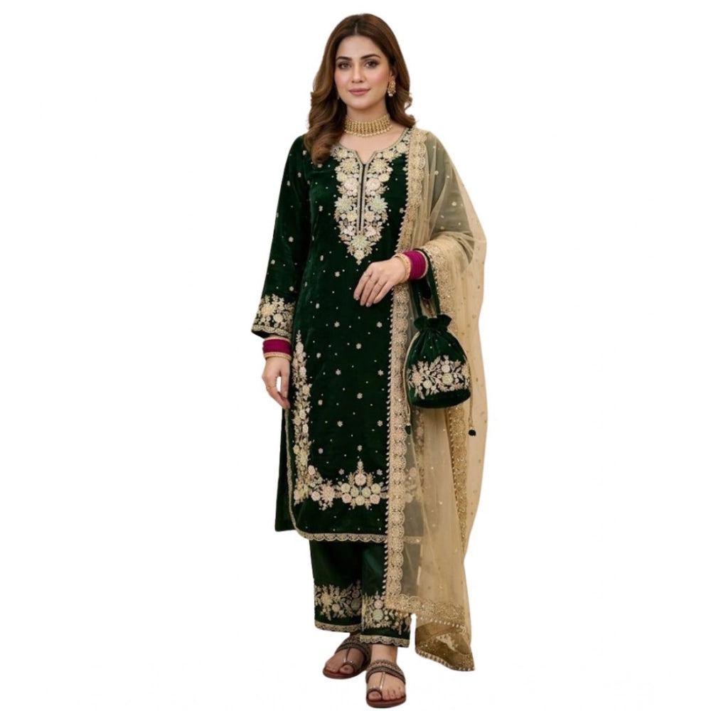 Silk Embroidered 3/4th Sleeve Round Kurti With Palazzo Pant and Dupatta Set (Dark Green)