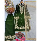 Silk Embroidered 3/4th Sleeve Round Kurti With Palazzo Pant and Dupatta Set (Dark Green)