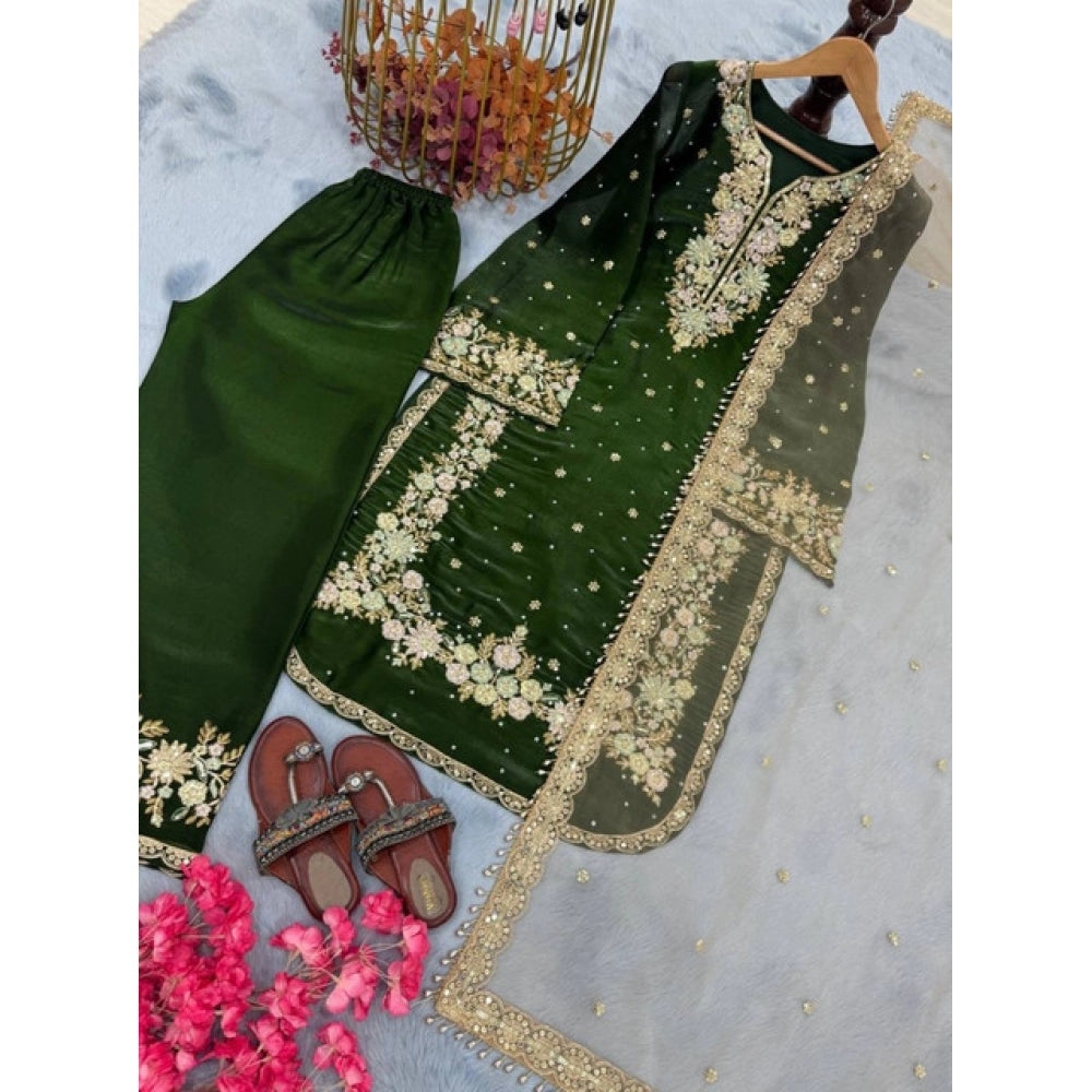 Silk Embroidered 3/4th Sleeve Round Kurti With Palazzo Pant and Dupatta Set (Dark Green)