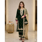 Silk Embroidered 3/4th Sleeve Round Kurti With Palazzo Pant and Dupatta Set (Dark Green)