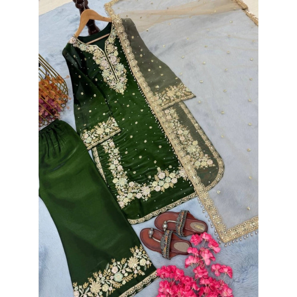 Silk Embroidered 3/4th Sleeve Round Kurti With Palazzo Pant and Dupatta Set (Dark Green)