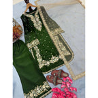 Silk Embroidered 3/4th Sleeve Round Kurti With Palazzo Pant and Dupatta Set (Dark Green)