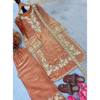 Silk Embroidered 3/4th Sleeve Round Kurti With Palazzo Pant and Dupatta Set (Orange)