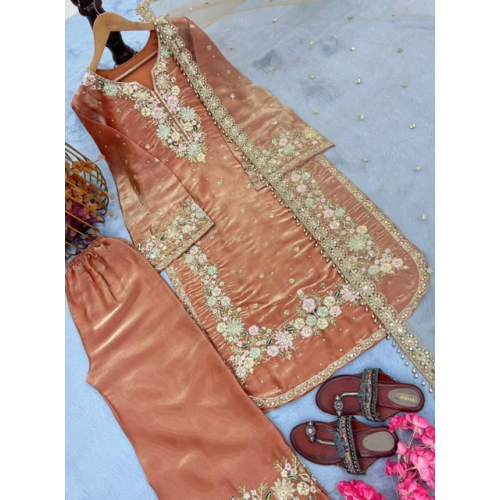 Silk Embroidered 3/4th Sleeve Round Kurti With Palazzo Pant and Dupatta Set (Orange)