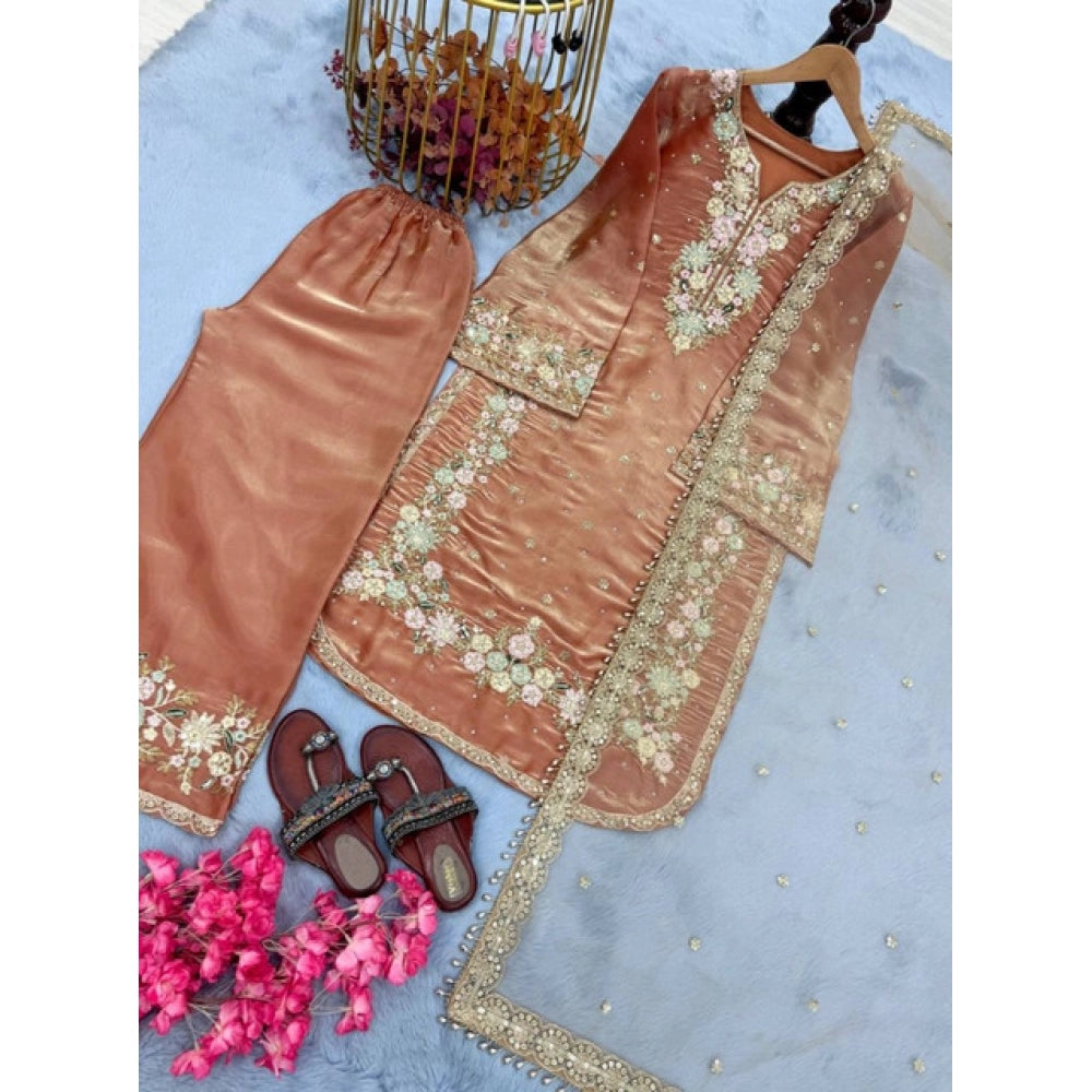 Silk Embroidered 3/4th Sleeve Round Kurti With Palazzo Pant and Dupatta Set (Orange)