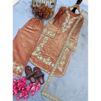 Silk Embroidered 3/4th Sleeve Round Kurti With Palazzo Pant and Dupatta Set (Orange)