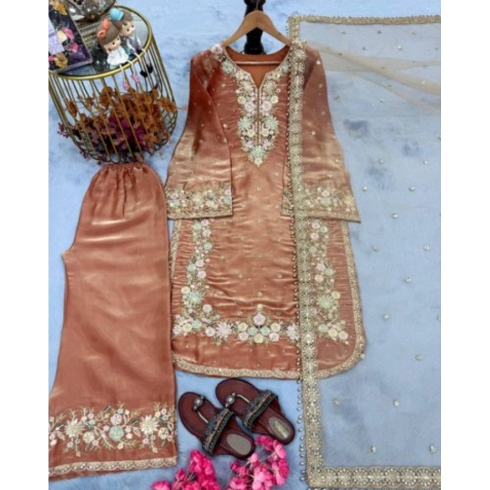 Silk Embroidered 3/4th Sleeve Round Kurti With Palazzo Pant and Dupatta Set (Orange)