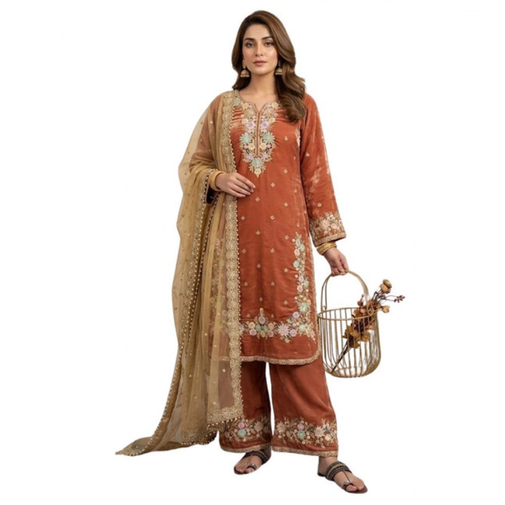 Silk Embroidered 3/4th Sleeve Round Kurti With Palazzo Pant and Dupatta Set (Orange)