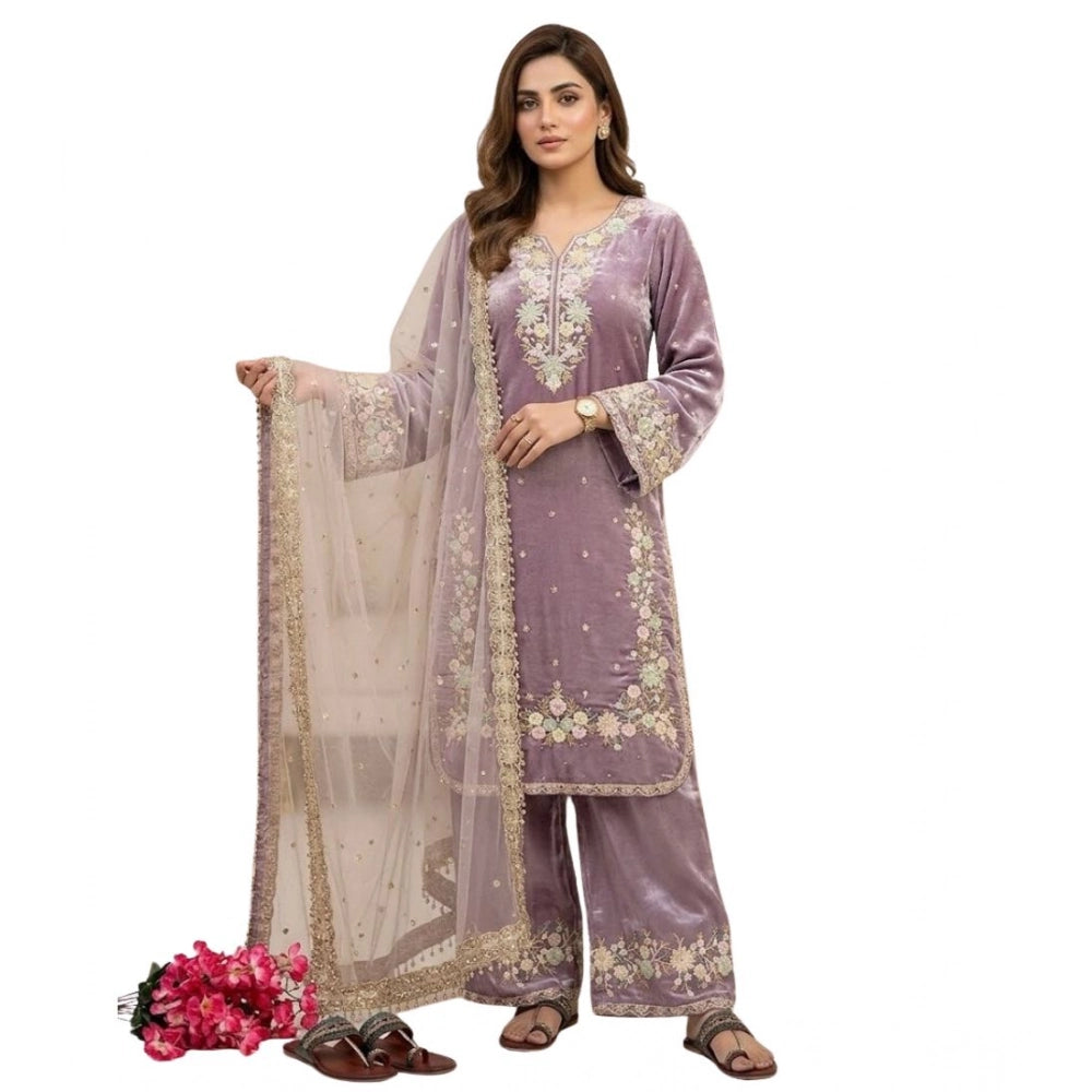 Silk Embroidered 3/4th Sleeve Round Kurti With Palazzo Pant and Dupatta Set (Lavender)