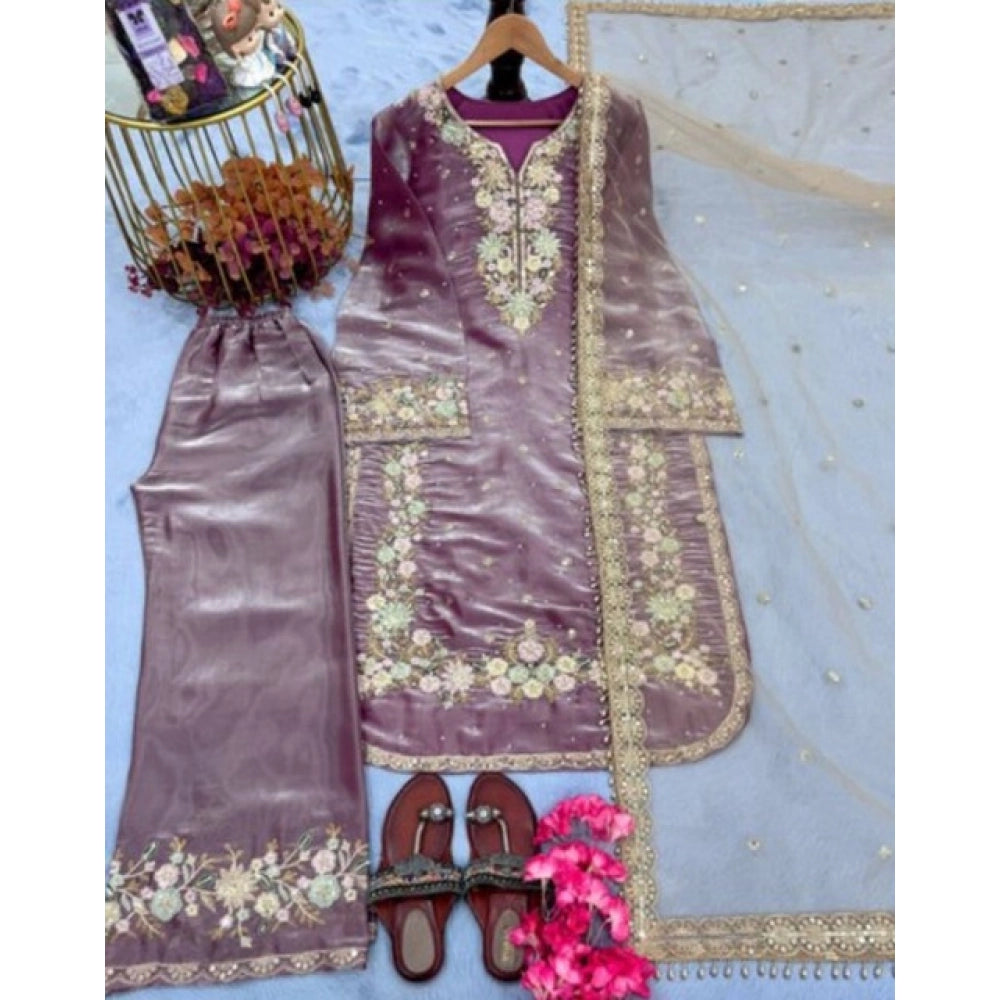 Silk Embroidered 3/4th Sleeve Round Kurti With Palazzo Pant and Dupatta Set (Lavender)