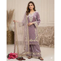 Silk Embroidered 3/4th Sleeve Round Kurti With Palazzo Pant and Dupatta Set (Lavender)