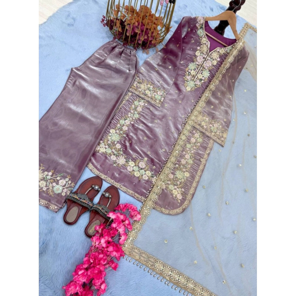 Silk Embroidered 3/4th Sleeve Round Kurti With Palazzo Pant and Dupatta Set (Lavender)